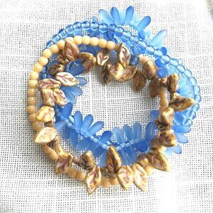 Czech Art Glass fire polished beads blue beige stretch bracelet